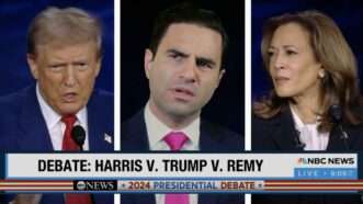 Remy in between Donald Trump and Kamala Harris during the 2024 presidential debate | ReasonTV