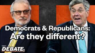 David Stockman debating Stephen Moore on if the two political parties are actually different | Graphic by Brett Raney and John Osterhoudt