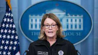 Deanne Criswell, administrator of the Federal Emergency Management Agency, speaks at the White House. | Al Drago - Pool via CNP/picture alliance / Consolidated News Photos/Newscom