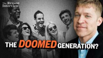 A picture of Jeremy Horpedahl against a black and white picture of young adults with a Reason Interview logo and the words "The DOOMED Generation?" in orange and white | Mirko Vitali | Dreamstime.com