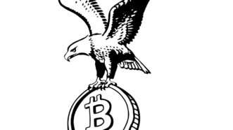 A drawing of a bald eagle carrying a bitcoin | Illustration: Joanna Andreasson; Source images: iStock