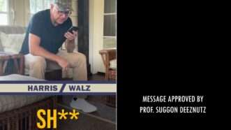 a still from a Mr. Reagan parody video about Harris/Walz | a still from a Mr. Reagan parody video about Harris/Walz