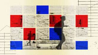 Crime scene photos overlaid with red and blues squares, signifying Republicans and Democrats. | Illustration: Lex Villena, © Eddiesimages | Dreamstime.com, James Kirkikis