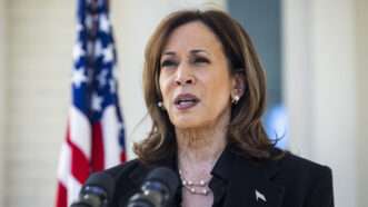 Vice President Kamala Harris stands in front of microphones with an American flag in the background | Jim LoScalzo - Pool via CNP