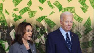 Kamala Harris and Joe Biden are seen below raining cash | Illustration Lex Villena; Chris Kleponis - CNP/Polaris/Newscom; Maksym Velishchuk | Dreamstime.com