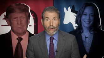 John Stossel is seen between Donald Trump and Kamala Harris | Stossel TV