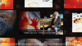 A still image from the end of a campaign ad for Constitution Party candidate Randall Terry, with a picture of Terry alongside an image of a fetus in utero, and text at the bottom saying "paid for and approved by Terry 2024 Inc, Terry for President" | Illustration: Lex Villena; Randall Terry/YouTube (screenshot)