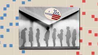 An envelope with an "I VOTED" sticker near the top, with an outline of voters standing in line on it. | Illustration: Lex Villena; Felix Brandl, Jlmcanally | Dreamstime.com