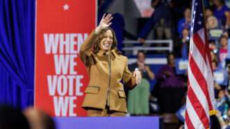 Kamala Harris on stage waving to supporters | Andrew Roth/ZUMAPRESS/Newscom