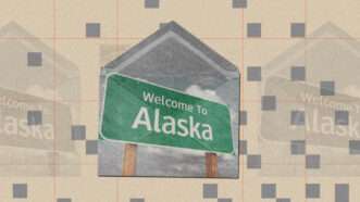 Welcome to Alaska sign on a black and white envelope and black and white faint outlines of the same sign under a beige overlay with gray boxes and orange grid lines | Illustration: Lex Villena; Feverpitched, Dreamstime.com