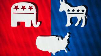 A Republican elephant symbol on a red backdrop and a Democratic donkey on a blue backdrop, split down the middle, with an outline of the United States in the middle. | Peter KovA!A? | Dreamstime.com