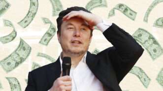 Elon Musk stands in front of falling cash | Illustration: Lex Villena; Cecilia Fabiano/ZUMAPRESS/Newscom, Pamela Tekiel, White © Cammeraydave | Dreamstime.com