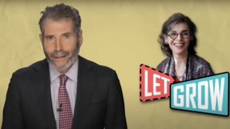 John Stossel stands next to Lenore Skenazy with a "Let Grow" logo | Stossel TV