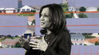 Kamala Harris standing in front of various houses | Illustration: Lex Vilena, CNP/AdMedia/SIPA/Newscom, Wisconsinart | Dreamstime.com