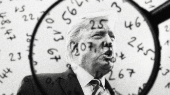 Donald Trump pictured from the chest up, in black and white, with a magnifying glass on him and various handwritten numbers superimposed on the image. | Illustration: Lex Villena; Martin Konopka | Dreamstime.com, CNP Ad Media