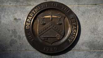 The seal of the U.S. Department of the Treasury, as seen on the marble facade of the department's headquarters. | Graeme Sloan/Sipa USA/Newscom