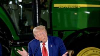 Then-former President Donald Trump, in front of a John Deere tractor, appears at a Pennsylvania forum, at which he pledged tariffs against companies that move manufacturing overseas. | ARCHIE CARPENTER/UPI/Newscom