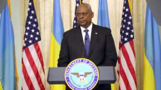 U.S. Secretary of Defense Lloyd Austin before a row of American and Ukrainian flags, in Kyiv, Ukraine | Pavlo Bahmut/ZUMAPRESS/Newscom