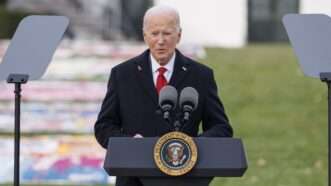 President Joe Biden speaks from the South Lawn of the White House, behind a lectern bearing the Presidential Seal. | Aaron Schwartz - Pool via CNP / MEGA / Newscom/RSSIL/Newscom