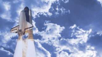 A space shuttle takes off against a blue sky | A previous version of this was published on X https://x.com/JeffGreason/status/1860439949100896479