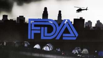 AI-generated image of a homeless encampments in a major city, with a helicopter flying overhead, and the Food and Drug Administration (FDA) logo in the foreground | Illustration: Lex Villena; Midjourney