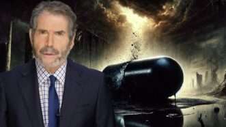 John Stossel in front of a background featuring a giant black pill capsule. | StosselTV