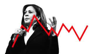 An illustration of Kamala Harris and a red line chart | Illustration: Joanna Andreasson Source image: Gage Skidmore