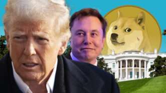 Donald Trump, Elon Musk, a DOGE coin, and the White House | Illustration by Lex Villena; GT/ZUMAPRESS/Newscom Valentin M Armianu | Dreamstime.com, CNP AdMedia SIPA