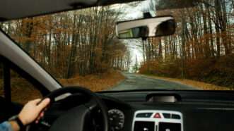 A POV shot of the driver of a sedan, on a rural road in a wooded area, with one hand on the steering wheel. | Luckynick | Dreamstime.com