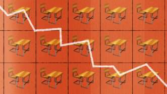 A grid of red squares with desks and chairs in each square and a jagged white line pointing down | White © Koya79 | Dreamstime.com