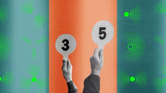 Two hands holding up bidding signs in front of an orange background—on either side is a dark green background, with lighter green radio waves. | Illustration: Lex Villena; Lightfieldstudiosprod | Dreamstime.com