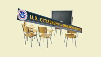 A pale yellow background with school desks and a chalkboard in the middle with the logo of the U.S. Citizenship and Immigrant Services department in a banner cutting across the image | Illustration: Lex Villena; Vladimir Yudin | Dreamstime.com, Andreistanescu | Dreamstime.com