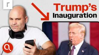 Mike Pesca next to a picture of Donald trump with a red arrow pointing to it. The words "Trump's Inauguration" are in red and black in the upper right corner, the Just Asking Questions logo is in the the lower left corner, and the Reason logo is in the upper left corner | Graphic by John Osterhoudt