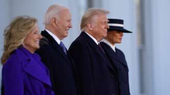 Former First Lady Jill Biden, former President Joe Biden, President Donald Trump, and First Lady Melania Trump, are shown in profile, on their way to the 2025 presidential inauguration. | Will Oliver - Pool via CNP/CNP / Polaris/Newscom