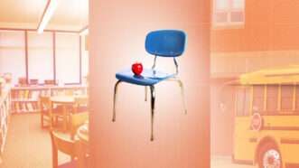 An old-fashioned student's chair with an apple on it, against the backdrop of a classroom and a school bus. | Illustration: Lex Villena; © Photographerlondon | Dreamstime.com, Lucky Door