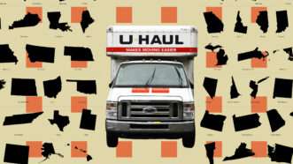 A U-Haul moving truck surrounded by the outlines of numerous U.S. states. | Illustration: Lex Villena; Flying2lowak | Dreamstime.com