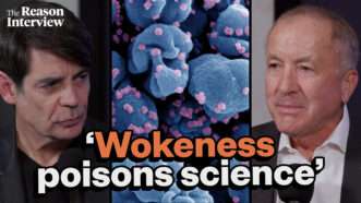 Michael Shermer and Nick Gillespie, with the quote "Wokeness poisons science" between them | Illustration: Lex Villena