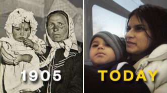 Side by side photos showing a migrant family in 1905 and a migrant family in 2024 | Illustration: Lex Villena