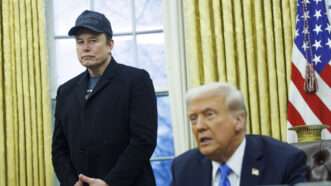 Elon Musk (left) and President Donald Trump (right) speak to the media on February 11 in the Oval Office | Aaron Schwartz/CNP / Polaris/Newscom