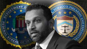 FBI Director Kash Patel, against a backdrop of the seals of the FBI and the ATF. | Illustration: Lex Villena; Will Oliver - Pool via CNP/CNP/Polaris/Newscom