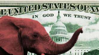 A GOP elephant is seen in front of money | Illustration: Lex Villena; Duncan Noakes, Tmcfarlan