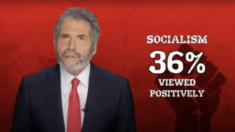 John Stossel stands next to a statistic that says 36% of American adults view socialism postively | Stossel TV