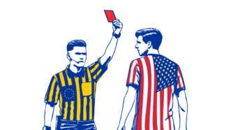 An illustration of a referee in a European Union uniform giving a red card to a player in a U.S. uniform | Illustration: Joanna Andreasson