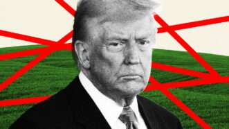 President Donald Trump in front of a field and surrounded by red tape | Illustration: Lex Villena; Fotocromo, Chris Kleponis CNP Polaris Newscom