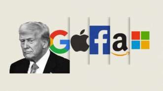 Donald Trump next to Google, Apple, Facebook, Amazon, and Microsoft logos | Illustration: Lex Villena; Chris Kleponis - CNP/CNP / Polaris/Newscom, Waingro