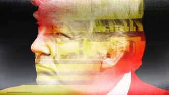 A headshot of Trump tinted red and yellow and a dark background | Lex Villena; Speech © Palinchak