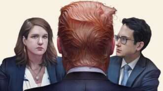 Illustration of Donald Trump, Alvaro Bedoya, and Rebecca Kelly Slaughter | Illustration: Eddie Marshall | Ken Cedeno | Newscom | StarryAi