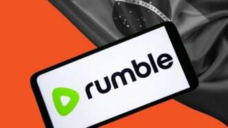 Rumble app on a smartphone in front of a Brazilian flag | Illustration: Eddie Marshall | Pavlo Gonchar | ZUMAPRESS | Newscom | Andreykuzmin | Dreamstime.com