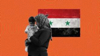 Woman holding her child, with the Syrian flag behind her | Illustration: Eddie Marshall | Audiohead | Radek Procyk | Dreamstime.com