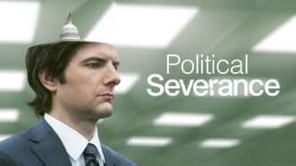 Severance parody image with with Capitol dome appearing over severed head of Adam Scott | Reason TV